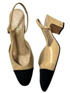Chanel Slingbacks in Goatskin & Grosgrain Beige Black